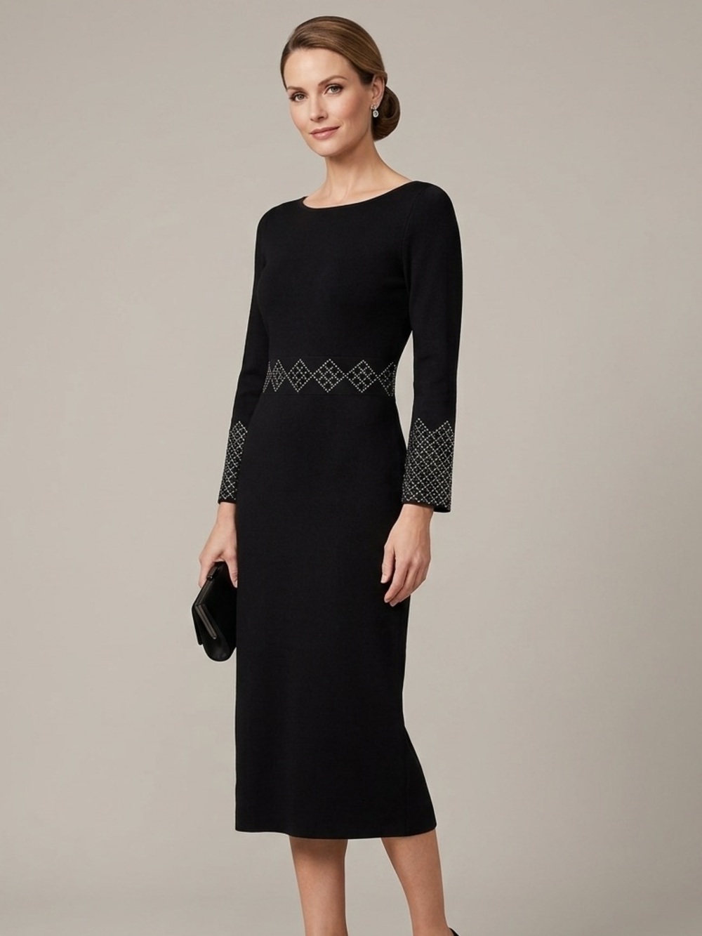 St. John Evening Black Santana Knit Dress Crystal Studded Cuff Waist Long Sleeve